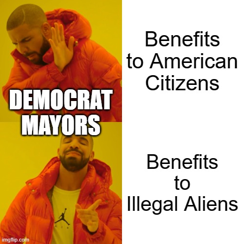 Who do they serve? | Benefits to American Citizens; DEMOCRAT MAYORS; Benefits to Illegal Aliens | image tagged in memes,drake hotline bling | made w/ Imgflip meme maker