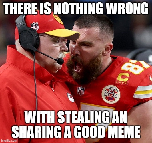 Travis Kelce screaming | THERE IS NOTHING WRONG; WITH STEALING AN SHARING A GOOD MEME | image tagged in travis kelce screaming | made w/ Imgflip meme maker