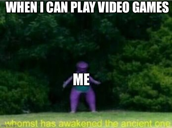 Whomst has awakened the ancient one | WHEN I CAN PLAY VIDEO GAMES; ME | image tagged in whomst has awakened the ancient one | made w/ Imgflip meme maker