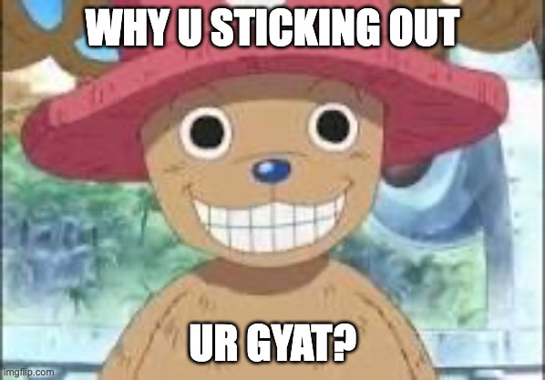 Chopper smiling | WHY U STICKING OUT; UR GYAT? | image tagged in chopper smiling | made w/ Imgflip meme maker