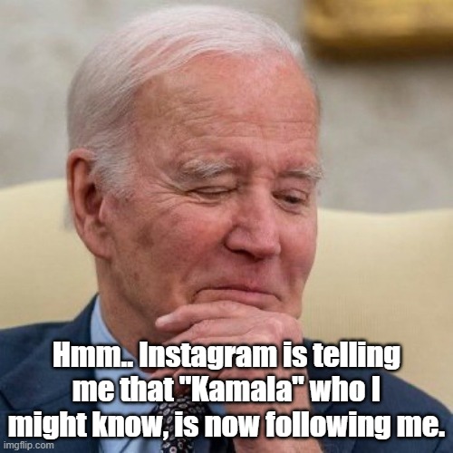 Seniors | Hmm.. Instagram is telling me that "Kamala" who I might know, is now following me. | image tagged in joe biden worries | made w/ Imgflip meme maker