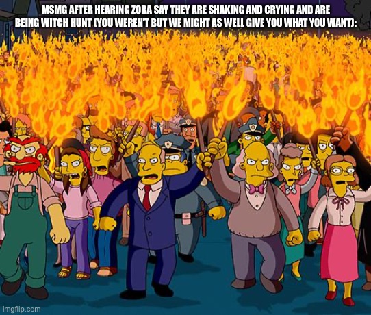 angry mob | MSMG AFTER HEARING ZORA SAY THEY ARE SHAKING AND CRYING AND ARE BEING WITCH HUNT (YOU WEREN’T BUT WE MIGHT AS WELL GIVE YOU WHAT YOU WANT): | image tagged in angry mob | made w/ Imgflip meme maker