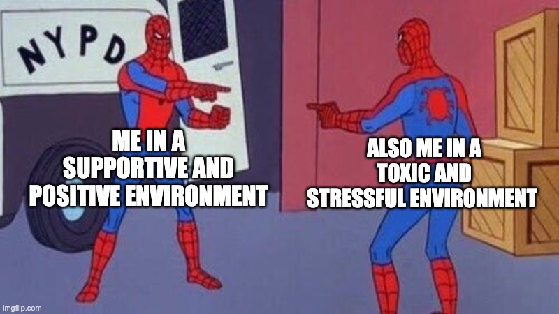 Personality Context | ME IN A SUPPORTIVE AND POSITIVE ENVIRONMENT; ALSO ME IN A TOXIC AND STRESSFUL ENVIRONMENT | image tagged in spiderman pointing at spiderman | made w/ Imgflip meme maker