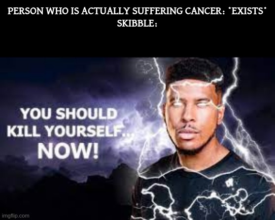 You Should Kill Yourself NOW! | PERSON WHO IS ACTUALLY SUFFERING CANCER: *EXISTS*
SKIBBLE: | image tagged in you should kill yourself now | made w/ Imgflip meme maker