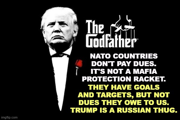 Trump wants to hand Europe to Putin on a platter. This would be the greatest betrayal since WWII. | NATO COUNTRIES DON'T PAY DUES. IT'S NOT A MAFIA PROTECTION RACKET. THEY HAVE GOALS AND TARGETS, BUT NOT DUES THEY OWE TO US. TRUMP IS A RUSSIAN THUG. | image tagged in don trumpo the godfather mafia boss,trump,russian collusion,treason,treachery,idiocy | made w/ Imgflip meme maker