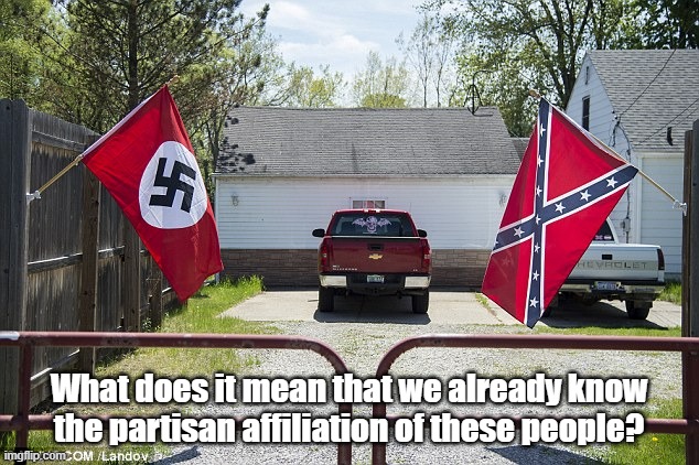 American Conservatives Often To Fly Flags That Are Hostile To The United States Of America | What does it mean that we already know the partisan affiliation of these people? | image tagged in nazi flag,confederate flag,predicting political affiliation,american conservatives | made w/ Imgflip meme maker