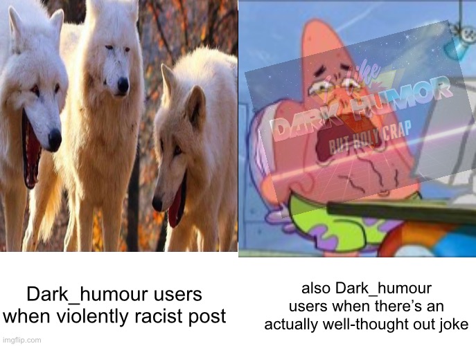 dummies!!1!!1 | Dark_humour users when violently racist post; also Dark_humour users when there’s an actually well-thought out joke | image tagged in comparison table | made w/ Imgflip meme maker