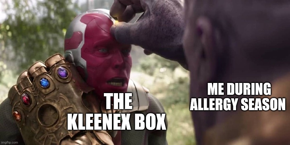 Kleenex | ME DURING ALLERGY SEASON; THE KLEENEX BOX | image tagged in thanos x vision,jpfan102504,allergies | made w/ Imgflip meme maker