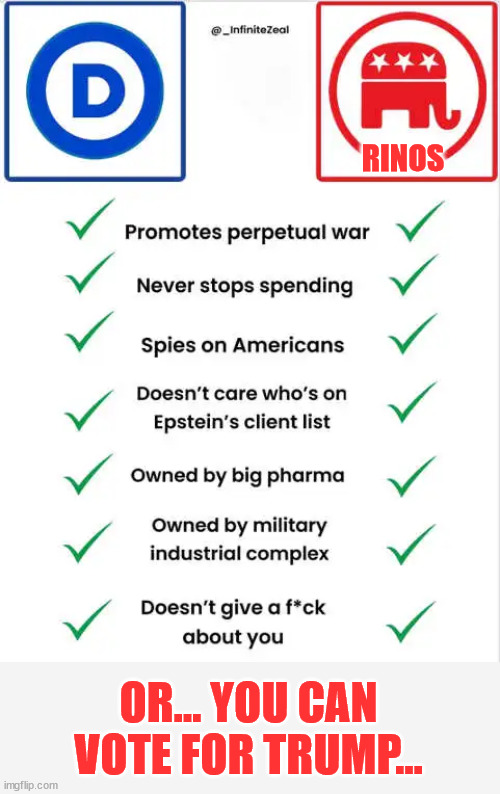 The choice is obvious... Don't vote democrat... Don't vote rino... | RINOS; OR... YOU CAN VOTE FOR TRUMP... | image tagged in compare,what they stand for | made w/ Imgflip meme maker