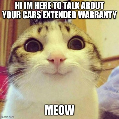 lol | HI IM HERE TO TALK ABOUT YOUR CAR'S EXTENDED WARRANTY; MEOW | image tagged in memes,smiling cat | made w/ Imgflip meme maker