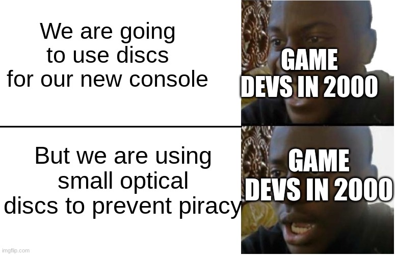 Disappointed Black Guy | We are going to use discs for our new console; GAME DEVS IN 2000; But we are using small optical discs to prevent piracy; GAME DEVS IN 2000 | image tagged in disappointed black guy,gamecube,nintendo | made w/ Imgflip meme maker