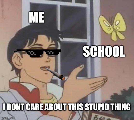 so true | ME; SCHOOL; I DONT CARE ABOUT THIS STUPID THING | image tagged in memes,is this a pigeon | made w/ Imgflip meme maker