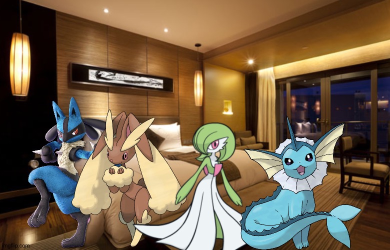 Lucario,Lopunny,Gardevoir and Vaporeon having fun in their hotel room | image tagged in hotel room,pokemon | made w/ Imgflip meme maker