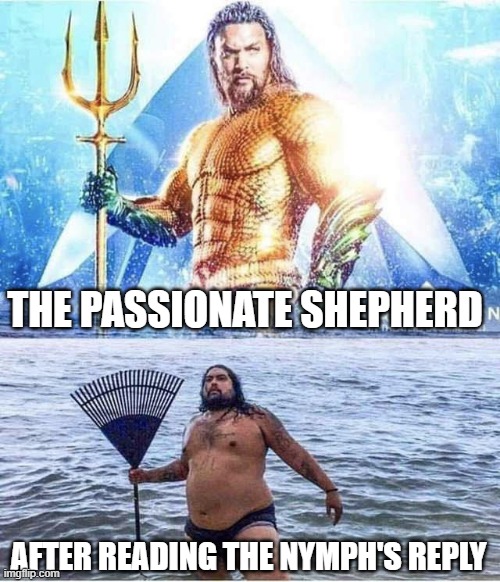 Aqua Man And Parody | THE PASSIONATE SHEPHERD; AFTER READING THE NYMPH'S REPLY | image tagged in aqua man and parody,english teachers | made w/ Imgflip meme maker