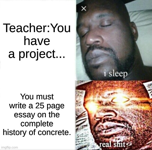 These teachers bro... | Teacher:You have a project... You must write a 25 page essay on the complete history of concrete. | image tagged in memes,sleeping shaq | made w/ Imgflip meme maker