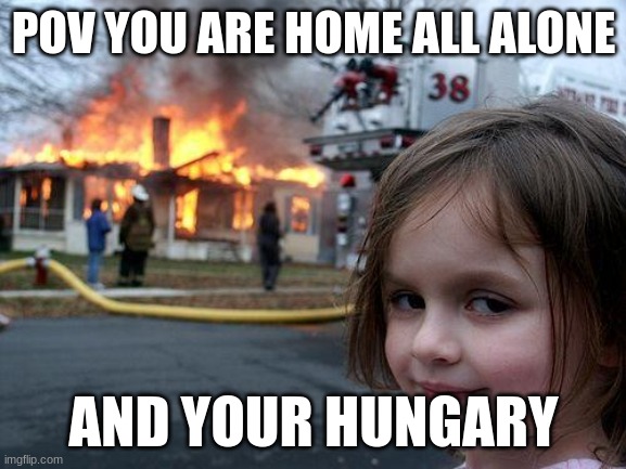 Disaster Girl | POV YOU ARE HOME ALL ALONE; AND YOUR HUNGARY | image tagged in memes,disaster girl | made w/ Imgflip meme maker