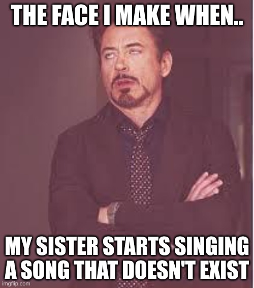 My sister is annoying | THE FACE I MAKE WHEN.. MY SISTER STARTS SINGING A SONG THAT DOESN'T EXIST | image tagged in tony stark | made w/ Imgflip meme maker