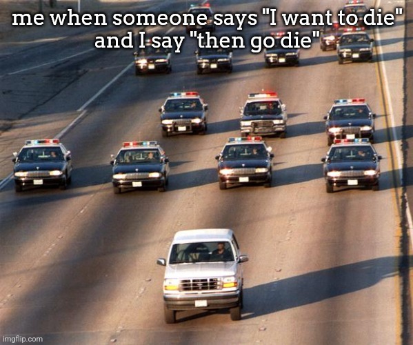 OJ Simpson Police Chase | me when someone says "I want to die"
and I say "then go die" | image tagged in oj simpson police chase | made w/ Imgflip meme maker