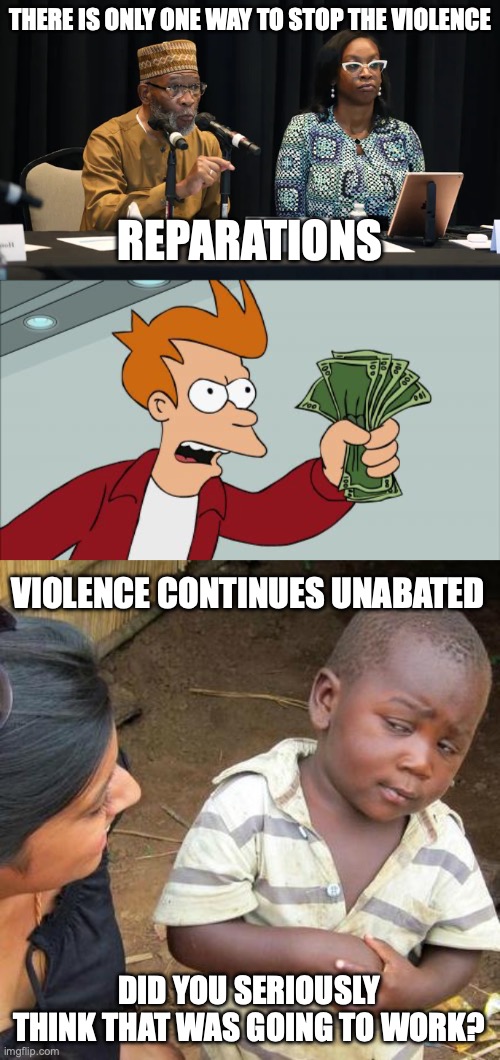 Reparations | THERE IS ONLY ONE WAY TO STOP THE VIOLENCE; REPARATIONS; VIOLENCE CONTINUES UNABATED; DID YOU SERIOUSLY THINK THAT WAS GOING TO WORK? | image tagged in reparations,memes,shut up and take my money fry,third world skeptical kid | made w/ Imgflip meme maker