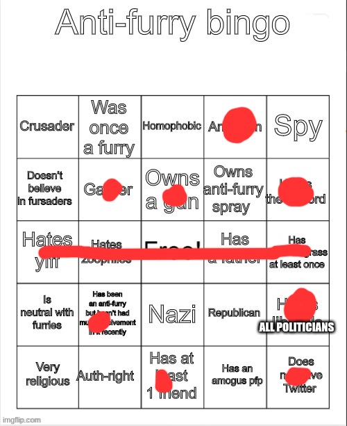 I Win | ALL POLITICIANS | image tagged in anti-furry bingo | made w/ Imgflip meme maker