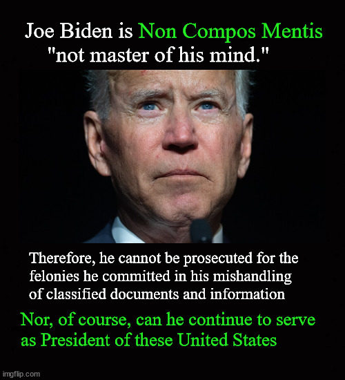 Joe Biden is non compos mentis | Non Compos Mentis; Joe Biden is
    "not master of his mind."; Therefore, he cannot be prosecuted for the
felonies he committed in his mishandling
of classified documents and information; Nor, of course, can he continue to serve
as President of these United States | image tagged in joe biden,dementia | made w/ Imgflip meme maker