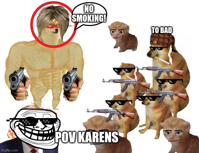 Buff Doge vs. Cheems | NO SMOKING! TO BAD; POV KARENS | image tagged in memes,buff doge vs cheems | made w/ Imgflip meme maker