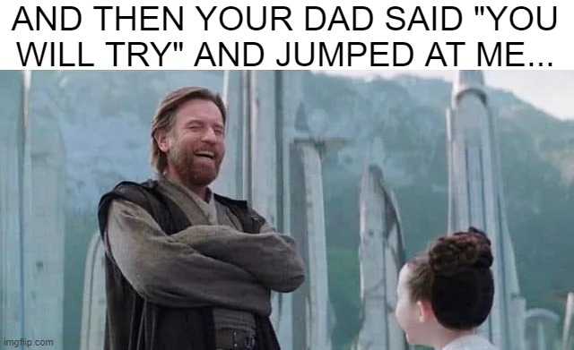 You Will Try... | AND THEN YOUR DAD SAID "YOU WILL TRY" AND JUMPED AT ME... | image tagged in obi wan kenobi | made w/ Imgflip meme maker