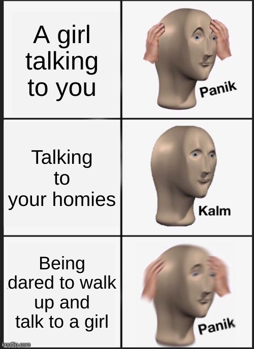 When you cant talk to a girl | A girl talking to you; Talking to your homies; Being dared to walk up and talk to a girl | image tagged in memes,panik kalm panik | made w/ Imgflip meme maker