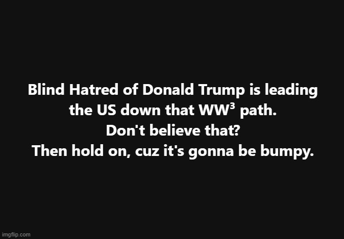Blind Hatred of Donald Trump is leading the US down that WW³ path. | image tagged in blind hatred,liberal bigotry,bigotry,haters gonna hate,party of haters,cultural marxism | made w/ Imgflip meme maker