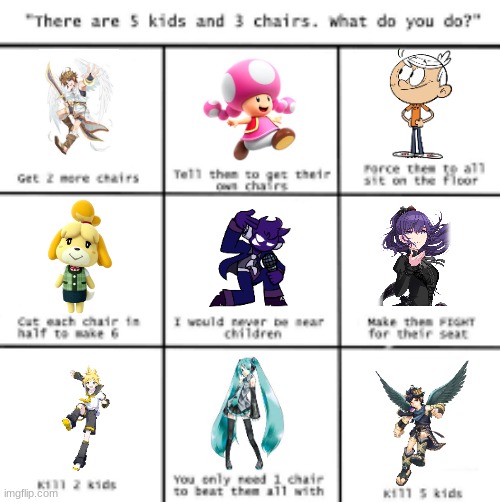 9 characters I just like doing the kids and chairs meme XD | image tagged in 3 kids and 5 chairs,template meme,fun,oh wow are you actually reading these tags,why are you reading the tags | made w/ Imgflip meme maker
