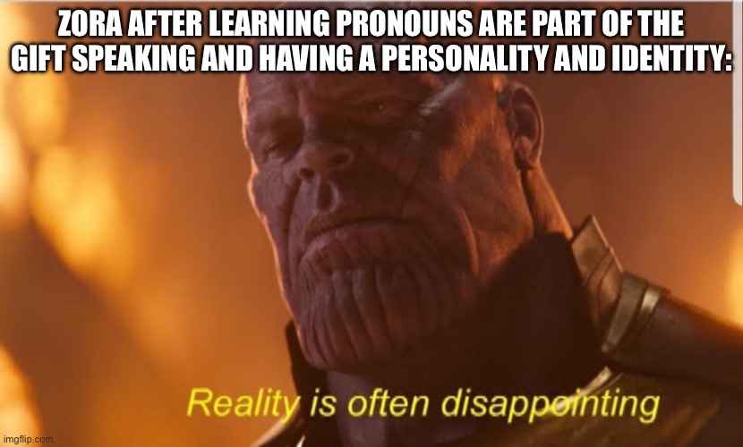 Reality us often disappointing | ZORA AFTER LEARNING PRONOUNS ARE PART OF THE GIFT SPEAKING AND HAVING A PERSONALITY AND IDENTITY: | image tagged in reality us often disappointing | made w/ Imgflip meme maker