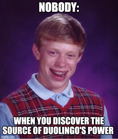 Duolingo is no more | NOBODY:; WHEN YOU DISCOVER THE SOURCE OF DUOLINGO'S POWER | image tagged in memes,bad luck brian,duolingo,jpfan102504 | made w/ Imgflip meme maker