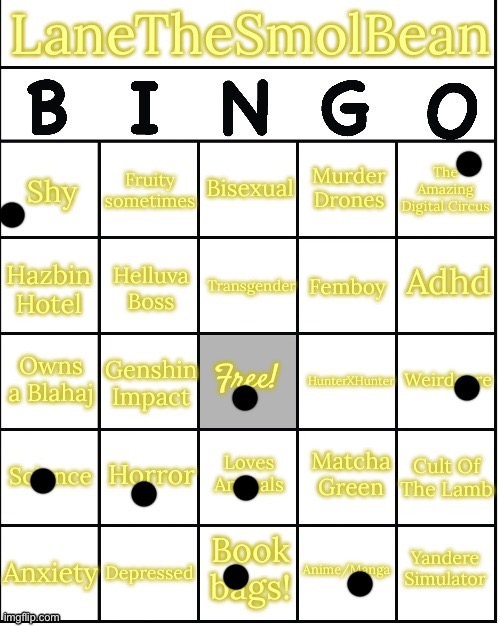 LaneTheSmolBean Bingo!! | image tagged in lanethesmolbean bingo | made w/ Imgflip meme maker