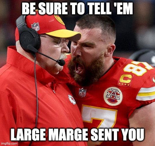 Travis Kelce screaming | BE SURE TO TELL 'EM; LARGE MARGE SENT YOU | image tagged in travis kelce screaming | made w/ Imgflip meme maker