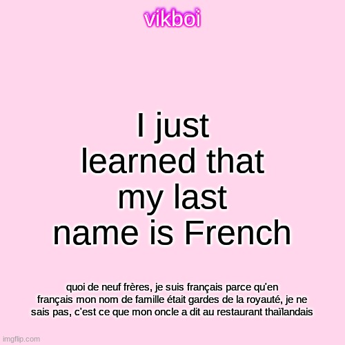 vikboi temp simple | I just learned that my last name is French; quoi de neuf frères, je suis français parce qu'en français mon nom de famille était gardes de la royauté, je ne sais pas, c'est ce que mon oncle a dit au restaurant thaïlandais | made w/ Imgflip meme maker