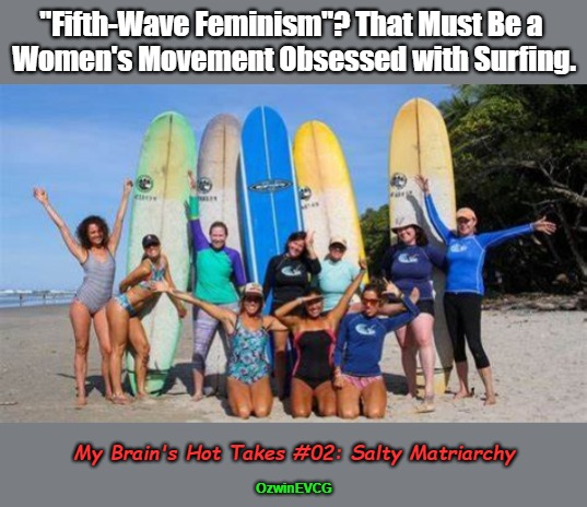 My Brain's Hot Takes #02: Salty Matriarchy | "Fifth-Wave Feminism"? That Must Be a 

Women's Movement Obsessed with Surfing. My Brain's Hot Takes #02: Salty Matriarchy; OzwinEVCG | image tagged in feminists,men and women,hot takes,beaches,sports,patriarchy | made w/ Imgflip meme maker