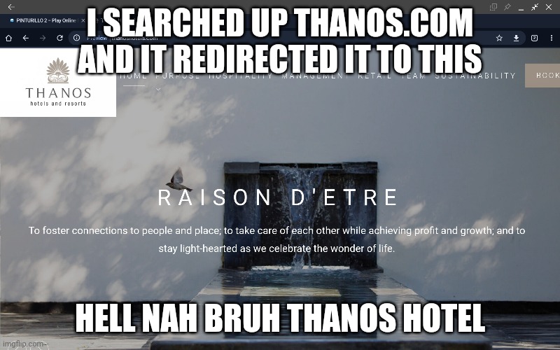 thanos hotel (u get snapped) | I SEARCHED UP THANOS.COM AND IT REDIRECTED IT TO THIS; HELL NAH BRUH THANOS HOTEL | image tagged in thanos,hotel | made w/ Imgflip meme maker