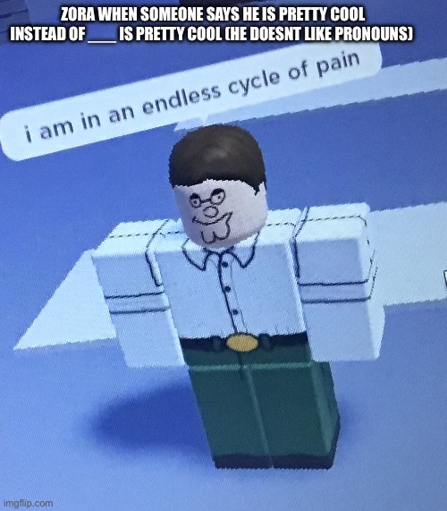 I am in an endless cycle of pain | ZORA WHEN SOMEONE SAYS HE IS PRETTY COOL INSTEAD OF ___ IS PRETTY COOL (HE DOESNT LIKE PRONOUNS) | image tagged in i am in an endless cycle of pain | made w/ Imgflip meme maker