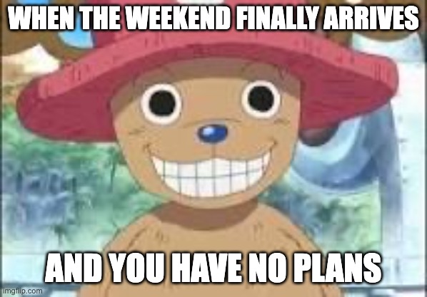 Chopper smiling | WHEN THE WEEKEND FINALLY ARRIVES; AND YOU HAVE NO PLANS | image tagged in chopper smiling | made w/ Imgflip meme maker