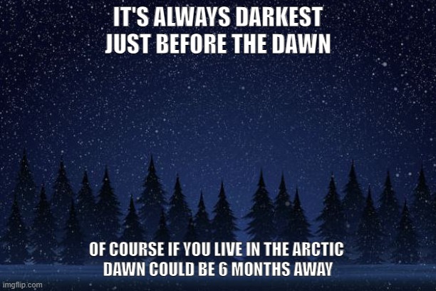 Darkest before dawn | IT'S ALWAYS DARKEST JUST BEFORE THE DAWN; OF COURSE IF YOU LIVE IN THE ARCTIC 
DAWN COULD BE 6 MONTHS AWAY | image tagged in funny memes | made w/ Imgflip meme maker