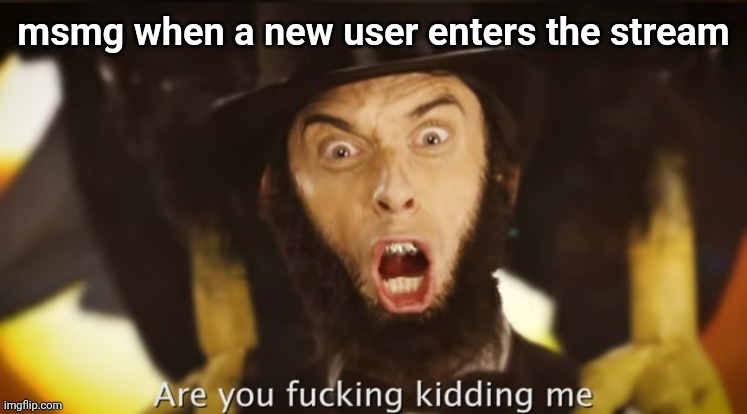 Are you fucking kidding me | msmg when a new user enters the stream | image tagged in are you fucking kidding me | made w/ Imgflip meme maker