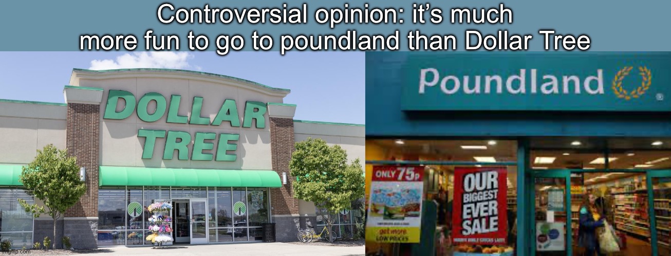 Dollar Tree vs Poundland | Controversial opinion: it’s much more fun to go to poundland than Dollar Tree | image tagged in dollar tree,dollar store,pound,fun | made w/ Imgflip meme maker