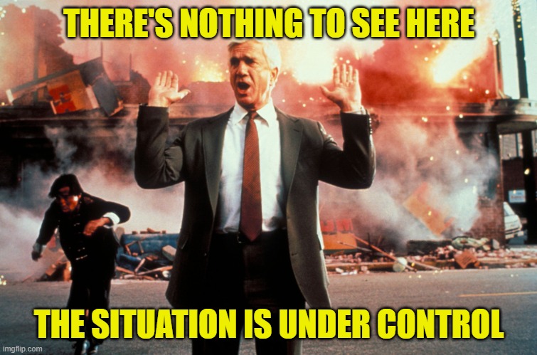 The ministry of truth said nothing happened, citizen. | THERE'S NOTHING TO SEE HERE; THE SITUATION IS UNDER CONTROL | image tagged in nothing to see here | made w/ Imgflip meme maker