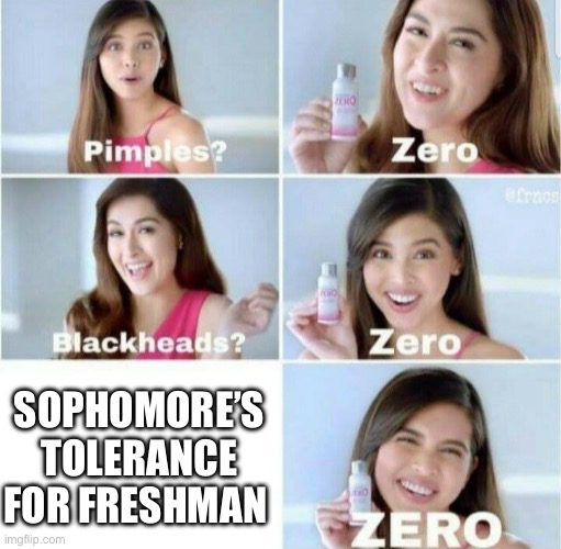 Pimples, Zero! | SOPHOMORE’S TOLERANCE FOR FRESHMAN | image tagged in pimples zero,memes | made w/ Imgflip meme maker
