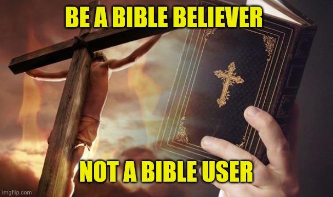 Jesus Cross Bible | BE A BIBLE BELIEVER; NOT A BIBLE USER | image tagged in jesus cross bible | made w/ Imgflip meme maker