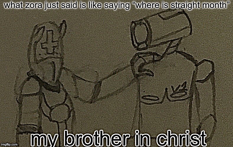 my brother in christ (ultrakill sharpened) | what zora just said is like saying “where is straight month” | image tagged in my brother in christ ultrakill sharpened | made w/ Imgflip meme maker