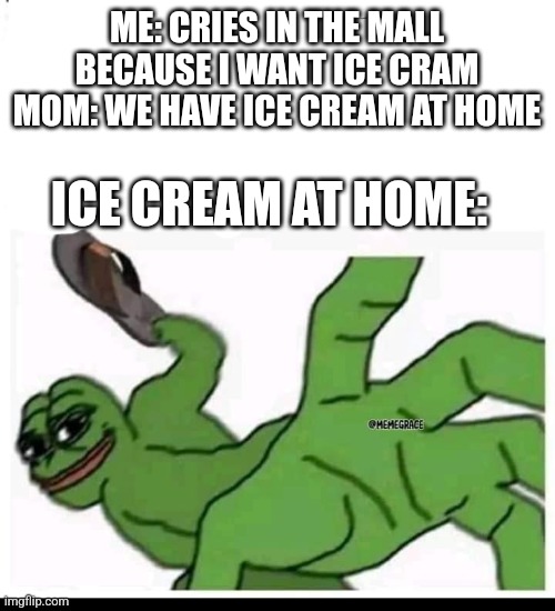 based on a true story | ME: CRIES IN THE MALL BECAUSE I WANT ICE CRAM
MOM: WE HAVE ICE CREAM AT HOME; ICE CREAM AT HOME: | image tagged in funny,relatable | made w/ Imgflip meme maker