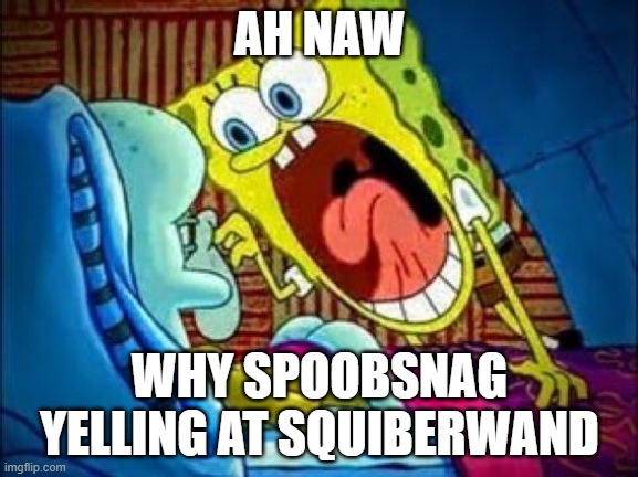 SpongeBob yelling at Squidward | AH NAW; WHY SPOOBSNAG YELLING AT SQUIBERWAND | image tagged in spongebob yelling at squidward | made w/ Imgflip meme maker