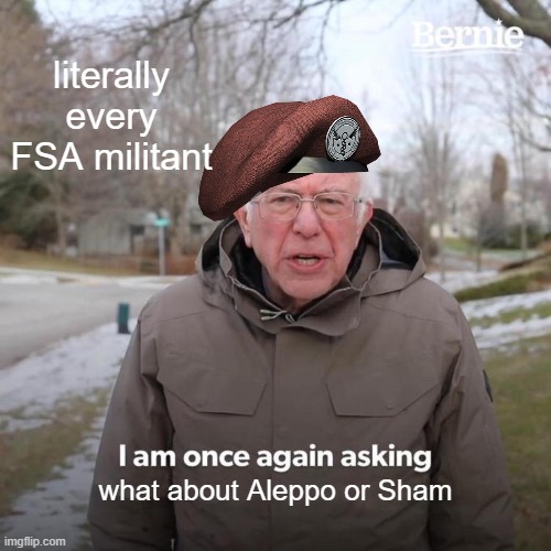Bernie I Am Once Again Asking For Your Support Meme | literally every FSA militant; what about Aleppo or Sham | image tagged in memes,bernie i am once again asking for your support | made w/ Imgflip meme maker
