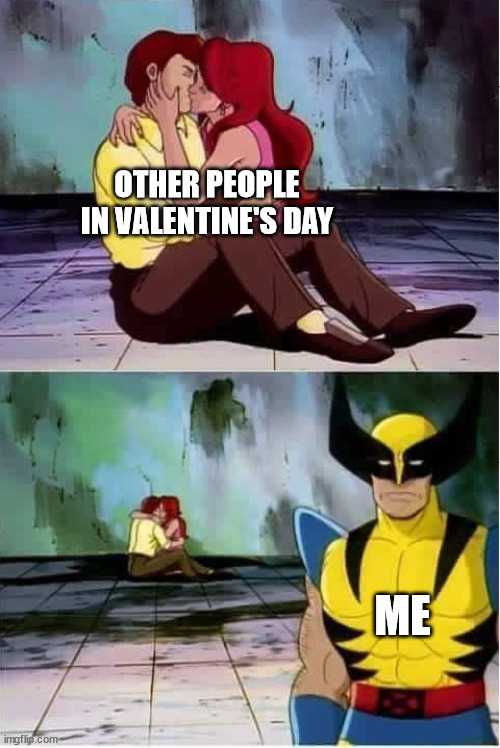 I'm so loneley | OTHER PEOPLE IN VALENTINE'S DAY; ME | image tagged in sad wolverine left out of party,valentine's day,no girlfriend,sad,no date,forever alone | made w/ Imgflip meme maker